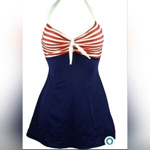 COCOSHIP Navy Swimsuit with Red and White Stripes